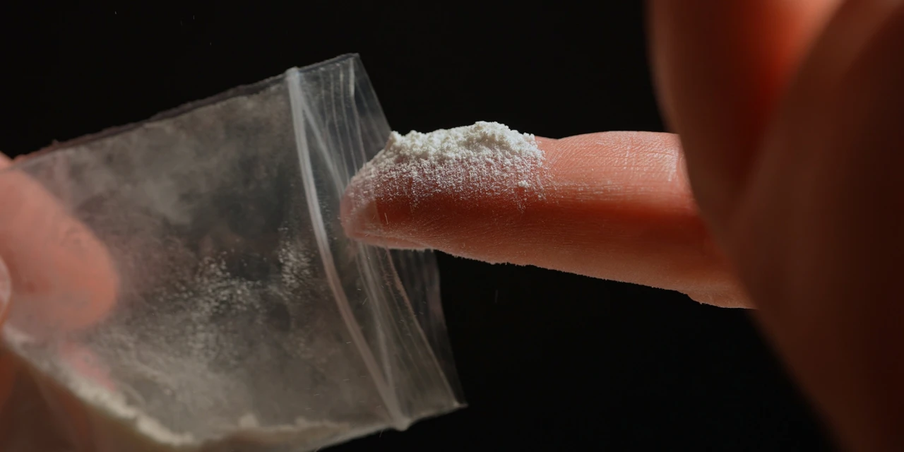 A finger touches white powder from a small plastic bag, illustrating substance misuse and the risks linked to Ketamine addiction.