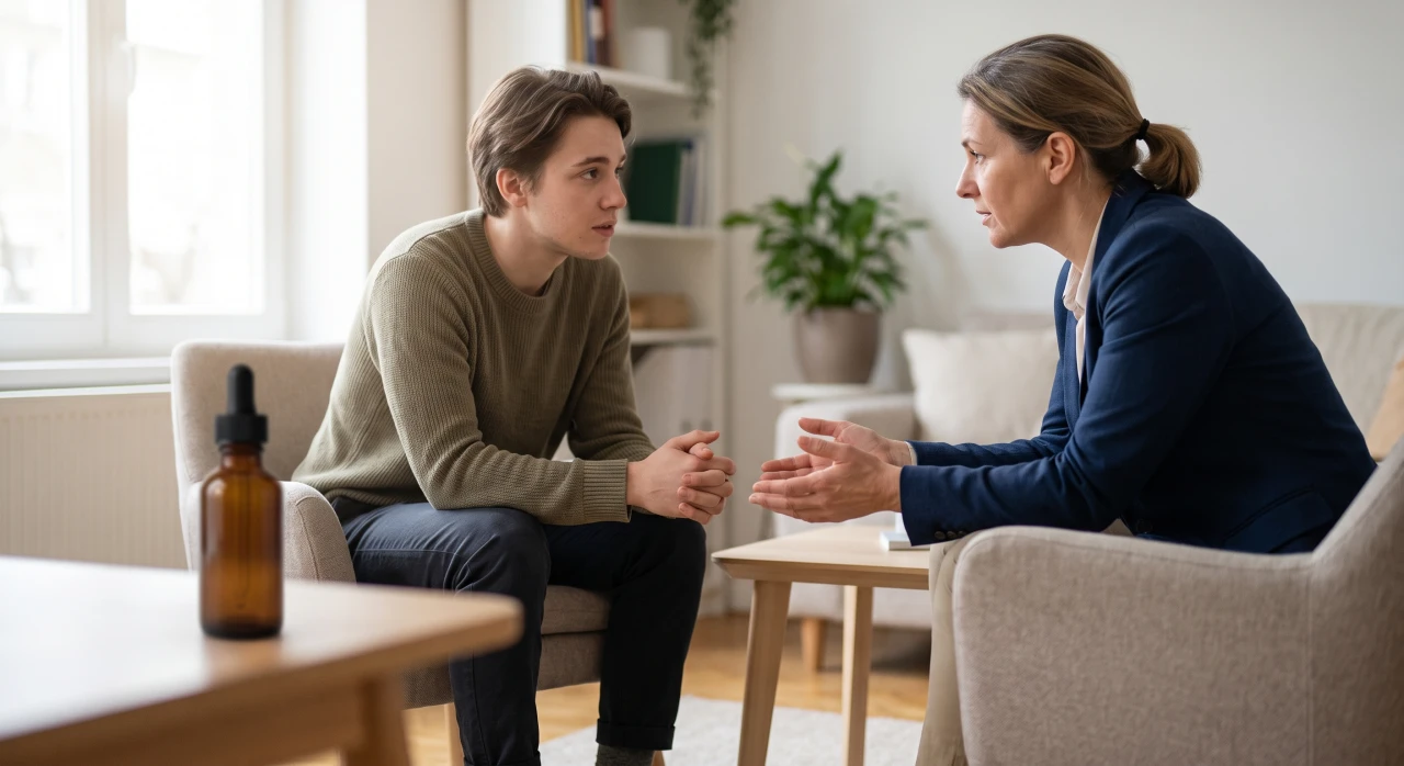 Jongen in gesprek met zorgprofessional over GHB, met een flesje op tafel.