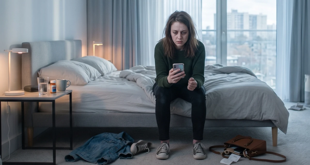 Woman experiencing hangxiety, sitting on her bed and anxiously checking her phone.