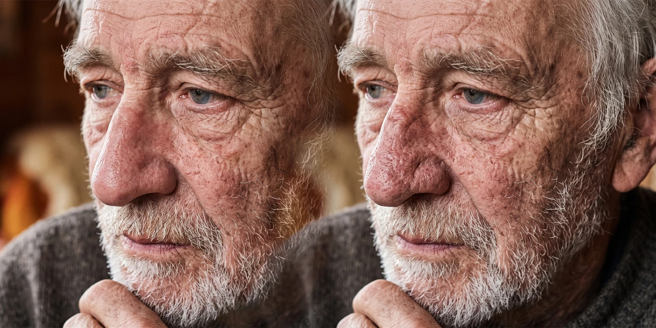 Before and after comparison showing changes in an older man’s nose.