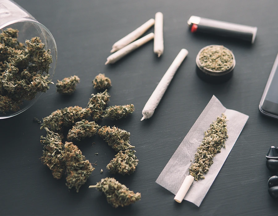 Cannabis products including buds, joints, and rolling paper